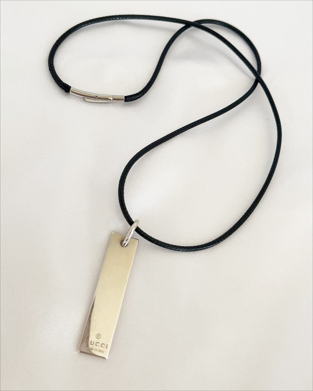 GUCCI Vintage Pendant Necklace Sterling Silver Tab Black Cord Steel Clasp Stamp
